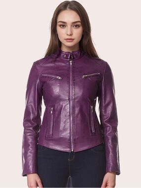 Carrie Hoxton Leather Jacket England Purple Racer VELOZ Sheep Napa Buckle Lined